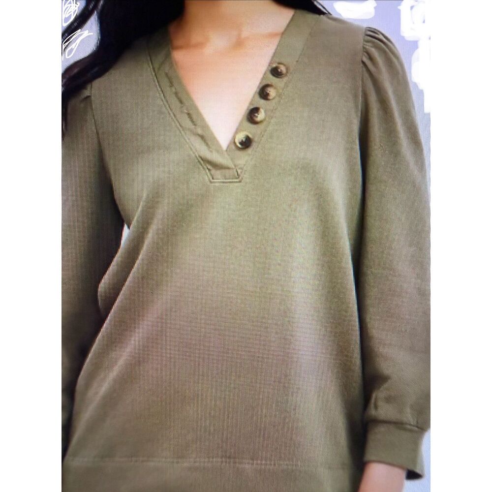 Loft Olive Green Lightweight Puff Sleeve Sweatshirt Faux Buttons 20.5“ P2P Sz S